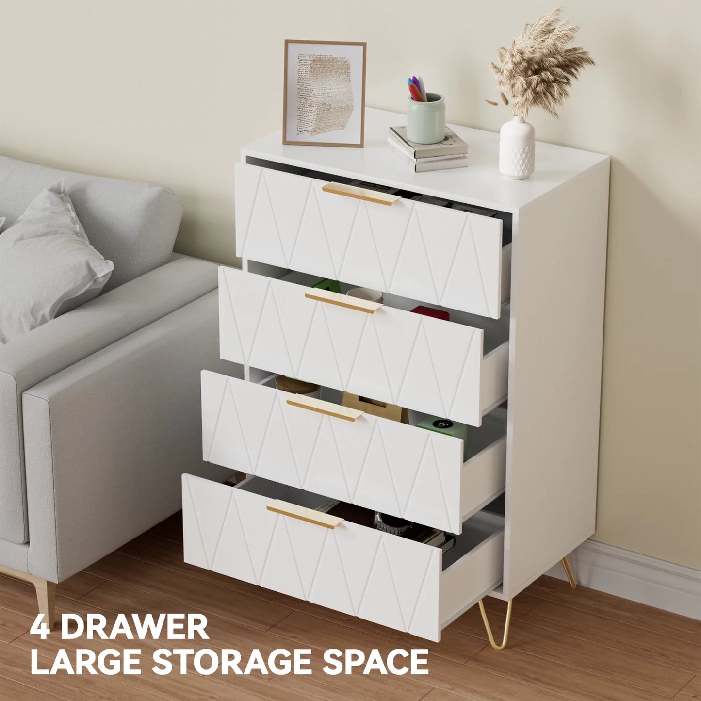 4 Drawer Dresser for Bedroom, Wood White Dresser with Wide Drawers and Metal Handles,Modern Dresser Chest for Bedroom,Living Room,Entryway