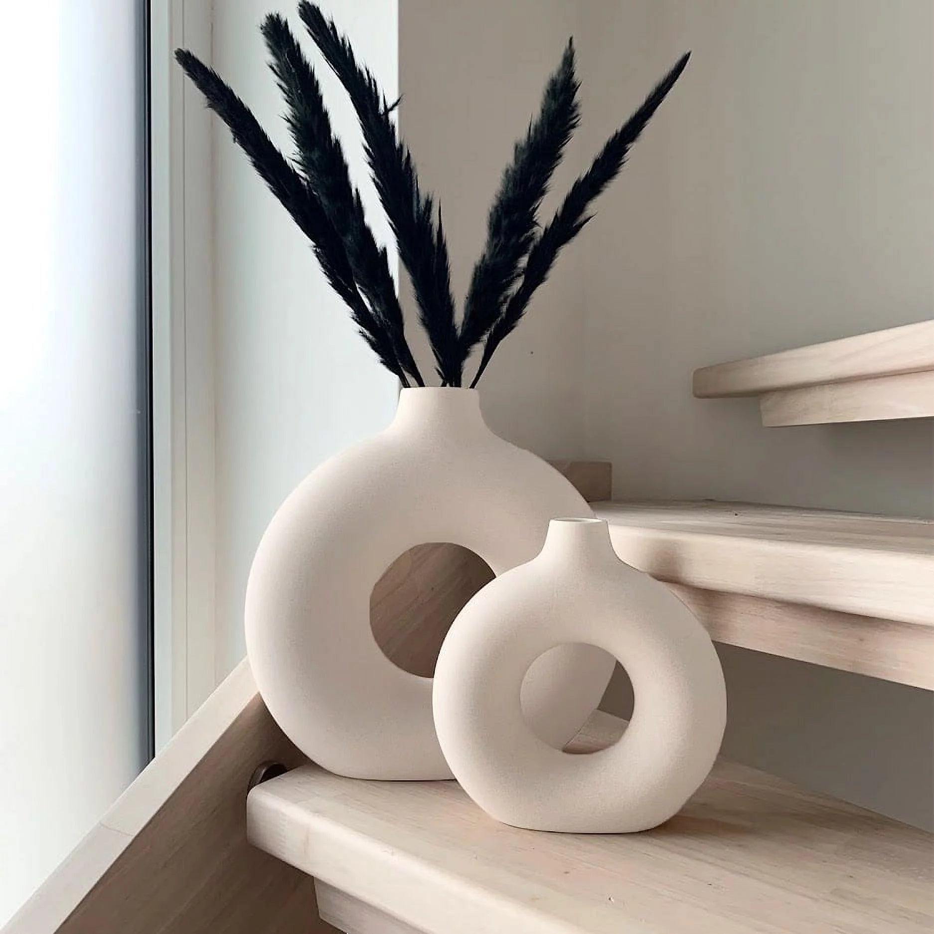 Ceramic Vases for Home Decor, Set of 2 Dount Vases, Modern Vase, White Vases, Farmhouse Vase, Decorative Vase, round Boho Vase for Bookshelf, Mantel, Table, Fireplace Decor